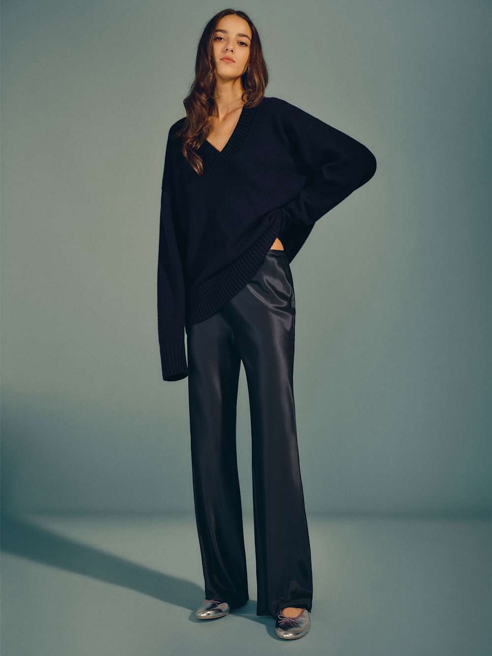 Reformation Black Satin Wide-Leg Pants